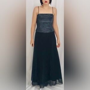 Vtg Betsy & Adam 90s Iridescent Midnight Blue Corset Gown w Silver Shimmer
